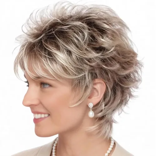 Miniatura 15 de TISHINING Pelucas rubias cortas en capas para mujeres blancas, longitud de la barbilla, color rubio ceniza, parte lateral, peluca Pixie Bob, cabello