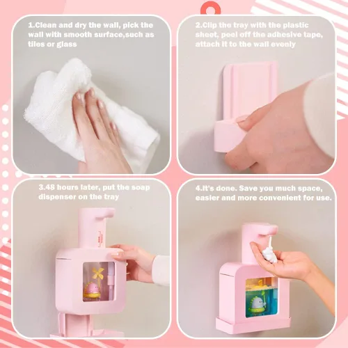 Miniatura 5 de Dispensador de jabón automático lindo - Dispensador de jabón de manos sin contacto rosa para niños, impermeable de montaje en pared USB recargable