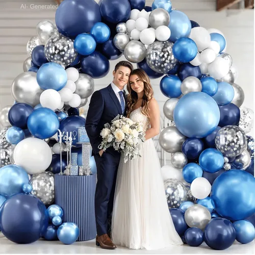 Miniatura 4 de Kit de arco de globos azul, blanco y plateado, globos azul marino y blancos con globos metálicos de confeti azul claro, azul oscuro y plateado, Azul