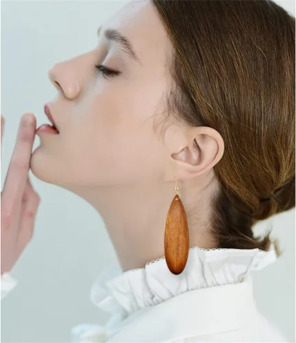 Miniatura 4 de Aretes colgantes bohemios retro de madera natural con forma de lágrima africana, ligeros, hechos a mano, largos, grandes, vintage, geométricos