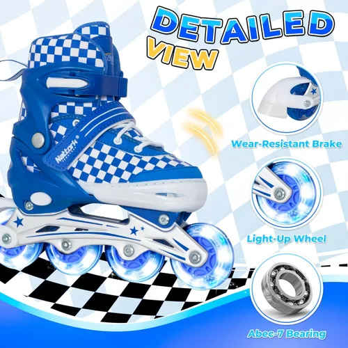 Miniatura 2 de Nattork Patines en línea ajustables para niños y adolescentes, ruedas iluminadoras, patines con diseño de tablero de ajedrez para niños y niñas Azul