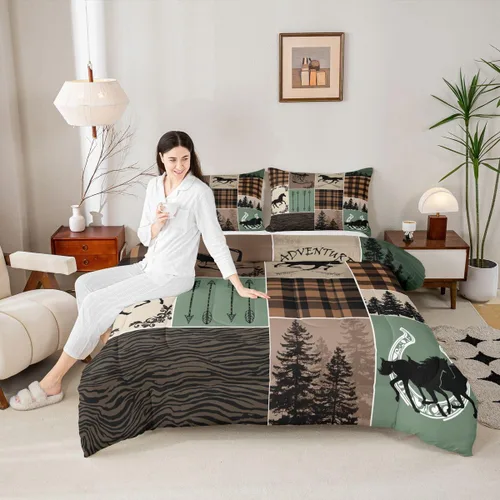 Miniatura 217 de Juego de edredón de oso y ciervo, tamaño individual, ropa de cama de animales salvajes de caza, colcha rústica de cabaña, casa de campo, cuadros