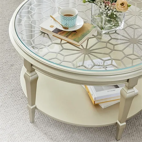 Miniatura 4 de Mesa de té para sala de estar, mesa de centro redonda de madera moderna con tallado calado y parte superior de cristal, 31.4/39.3 pulgadas, elegante