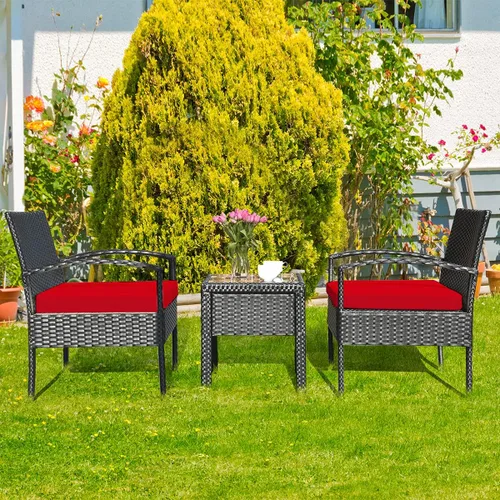 Miniatura 3 de HAPPYGRILL Juego de 3 piezas de conversación para patio, juego de mimbre de ratán al aire libre con mesa de centro para jardín, balcón y patio Rojo