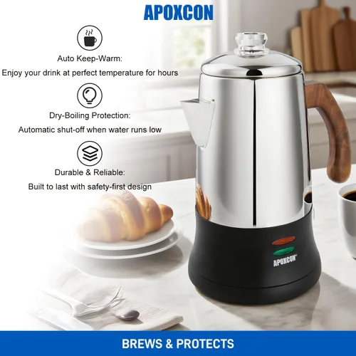 Miniatura 6 de APOXCON Percolador de Café Eléctrico Cafetera de Acero Inoxidable con Perilla de Vidrio Resistente Transparente para Ver el Progreso