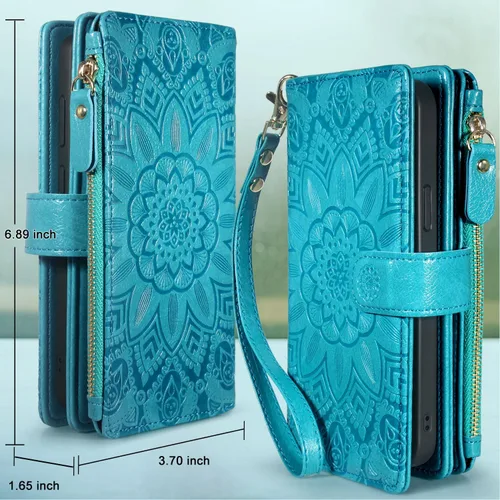 Miniatura 2 de Harryshell Funda de cuero desmontable con cremallera magnética con bolsillo para monedas, 12 ranuras para tarjetas, correa de muñeca para Samsung