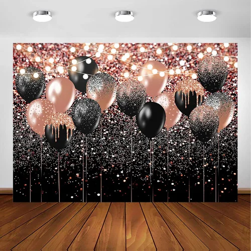 Avezano Telón de fondo con purpurina de oro rosa y negro para cumpleaños, boda, despedida de soltera, fondo de fotografía, globo rosa dorado y