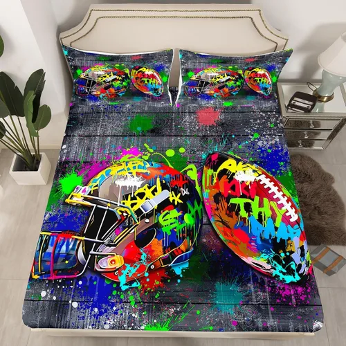 Miniatura 2 de Erosebridal Graffiti Rugby Ball Sheets for Boys Girls Colorful Rugby Helmet Fitted Sheet,Sports Kids Bedding Sets Football Game Bed Sets Twin 2 Piece