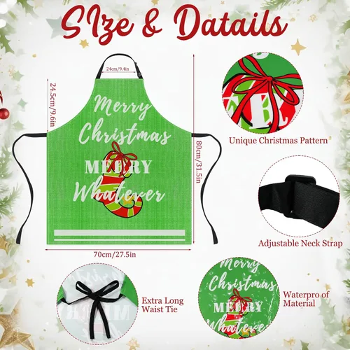 Miniatura 3 de Juego de 4 delantales de Navidad – Delantales ajustables con árbol de Navidad, medias, muñeco de nieve para la familia, decoración festiva de cocina