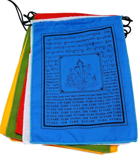 Banderas de oración tibetanas Tara verdes hechas a mano con traducción al inglés (9 x 12 pulgadas)