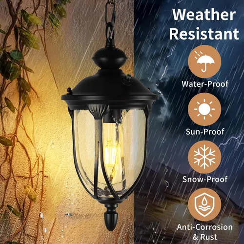 Miniatura 5 de JYZ Farol Colgante Vintage para Exteriores de Anochecer a Amanecer, Lámpara Colgante Exterior Rústica de 15 Pulgadas con Vidrio Granulado