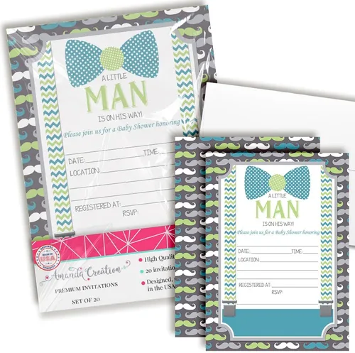 Miniatura 13 de Amanda Creation Here Comes the Son - Invitaciones para baby shower para niños, 20 invitaciones de doble cara de 5 x 7 pulgadas con 20 sobres blancos