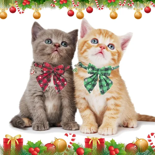 Miniatura 3 de ADOGGYGO Collares Navideños para Gatos de Liberación Rápida con Lazo Elegante, Paquete de 2 Collares de Gatito Navideños a Cuadros Rojos y Verdes