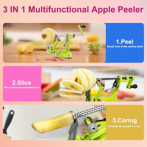 Miniatura 3 de Pelador de manzanas, cortador y descorazonador de papas 3 en 1, de acero inoxidable resistente con base de ventosa y 3 cuchillas extra (Verde)