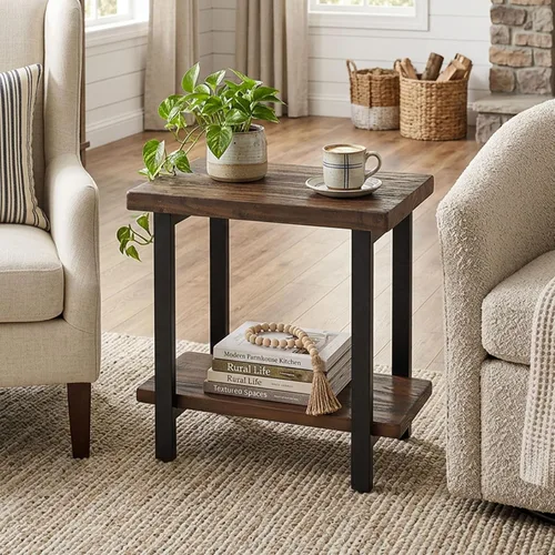 Miniatura 2 de Alaterre Furniture Pomona - Mesa auxiliar de madera maciza de 2 niveles con acabado natural y patas de metal, decoración moderna de granja