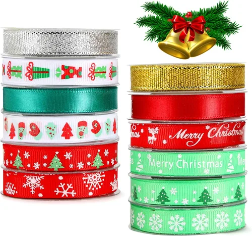 Cintas de Navidad para envolver regalos, 60 yardas, cinta de grogrén plateado y dorado con purpurina para corona de Navidad, lazos y decoración