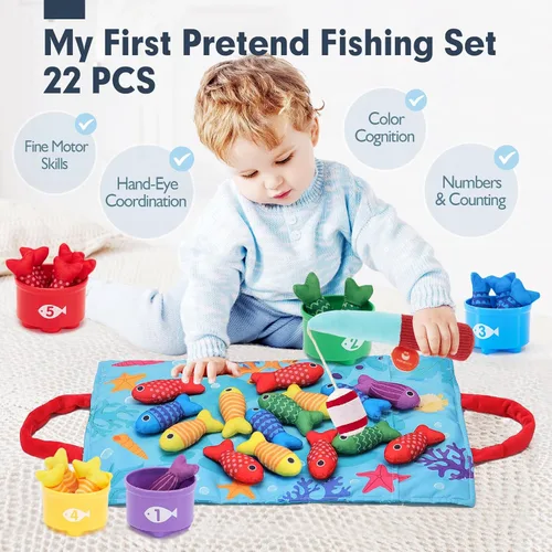 Miniatura 2 de hahaland Juguetes Montessori para niño de 1 año, regalo de cumpleaños, juego de pesca de tela 10 en 1, juguetes para niños pequeños con tazas