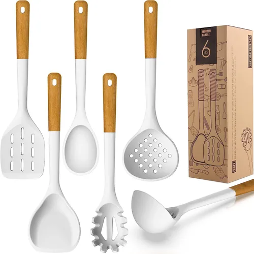 Miniatura 9 de Juego de utensilios de cocina de silicona grandes – Utensilios de cocina de silicona resistentes al calor para cocinar con asas de madera, juego