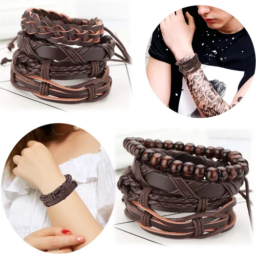 Miniatura 3 de Brazalete Jstyle de piel trenzada, ajustable, con cuentas de madera, envolvente, 17 unidades para hombre y mujer