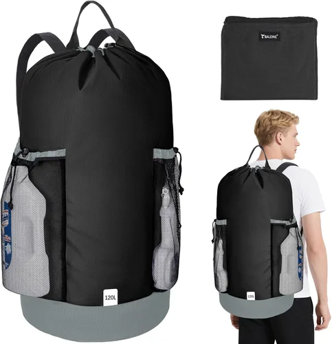 BALEINE Mochila Bolsa de Lavandería de 120L, Tela Oxford 900D Bolsas Grandes de Lavandería de Viaje con Correas para el Hombro y 2 Bolsillos de Negro