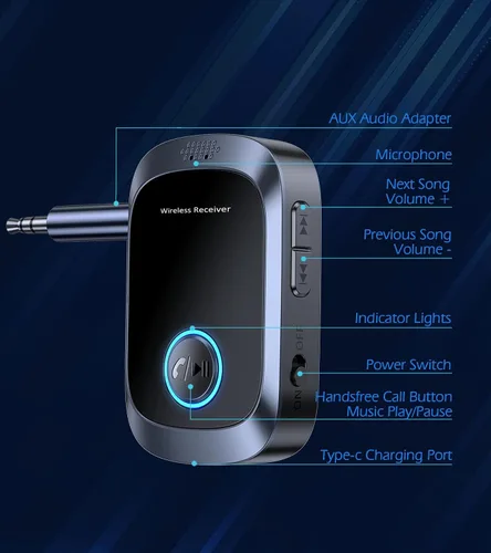 Miniatura 9 de Adaptador AUX Bluetooth para automóvil, adaptador Bluetooth auxiliar para música de automóvil y llamadas manos libres, receptor de música