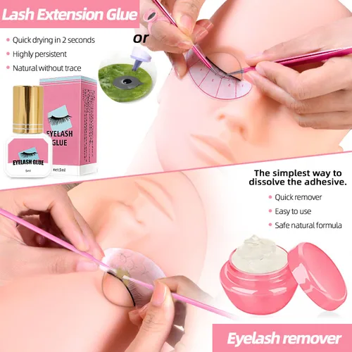 Miniatura 5 de Kit de extensión de pestañas profesional con cabeza de maniquí, párpados extraíbles, ventilador de pestañas USB, pestañas postizas individuales, Rosa