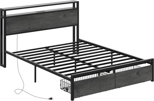 Miniatura 9 de LIKIMIO Base de cama Queen con cabecera de almacenamiento, cama de plataforma con cajones y estación de carga, no necesita somier, fácil montaje