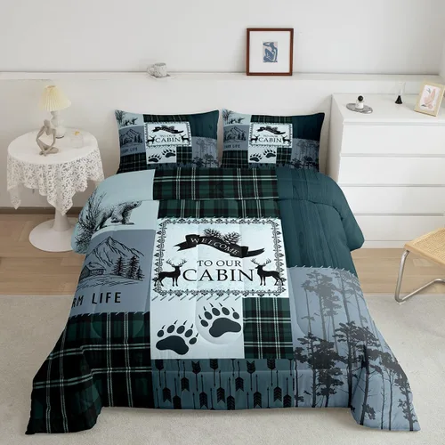 Miniatura 2 de Manfei Rutic Farmhouse - Juego de edredón tamaño King, juego de ropa de cama de retazos de madera a cuadros de ciervo, oso, árbol, 3 piezas