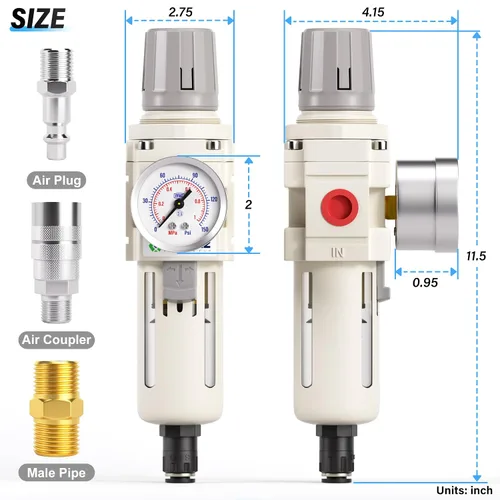 Miniatura 2 de TAILONZ PNEUMATIC Regulador de presión de filtro de aire de drenaje automático NPT de 1/2 pulgada Combo Piggyback, filtro compresor de herramienta