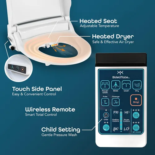 Miniatura 3 de BidetMate Accesorio de bidé térmico serie 2000 para inodoro con agua calentada ilimitada, control remoto inalámbrico, desodorante y secadora de aire