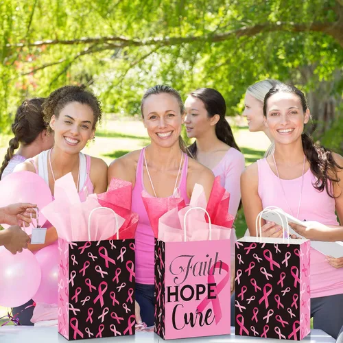 Miniatura 7 de Pajean 24 bolsas de regalo para concientización sobre el cáncer de mama con papel de seda, bolsas de regalo de cinta rosa, bolsas de golosinas