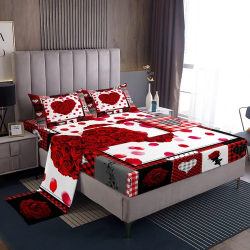 Miniatura 20 de Juego de sábanas femeninas de flores de rosas rojas, tamaño individual, juego de ropa de cama para el día de San Valentín, decoración de habitación
