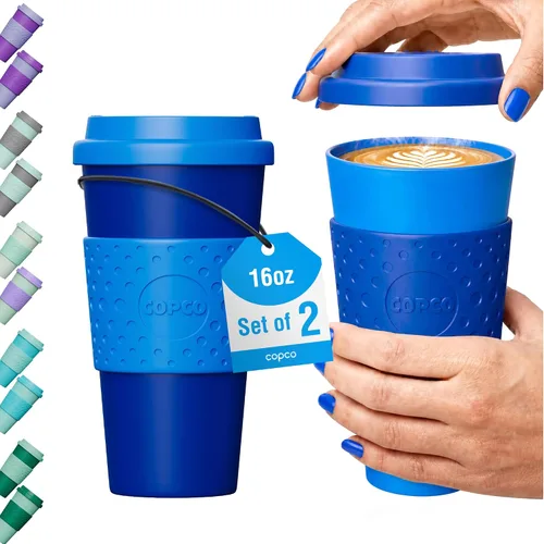 Miniatura 9 de Copco Acadia - Taza de viaje de 16 onzas con tapa, juego de 2 vasos aislados de doble pared, funda antideslizante y sin BPA, apta para microondas