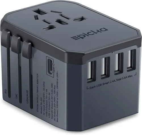 EPICKA Adaptador de viaje universal, adaptador de enchufe de viaje europeo, adaptador de corriente internacional cargador mundial con USB-C y 4 Gris