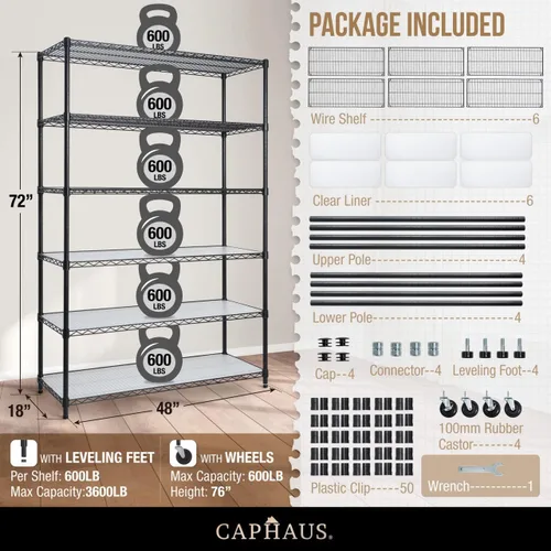 Miniatura 3 de CAPHAUS NSF, Estantería de alambre de alta resistencia con ruedas, pies niveladores y forros, estante de metal para almacenamiento, estanterías