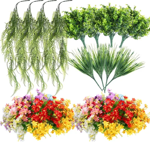 Miniatura 8 de Zeyune Juego de 48 plantas y flores colgantes falsas, ramo de flores de orquídeas coloridas, helecho boston, plástico, eucalipto, cesta suculenta