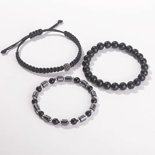Miniatura 5 de Lynnaneo Juego de pulseras de cuentas para hombre de 0.315 in y 0.157 in de piedras preciosas curativas trenzadas con dije de circonita cúbica