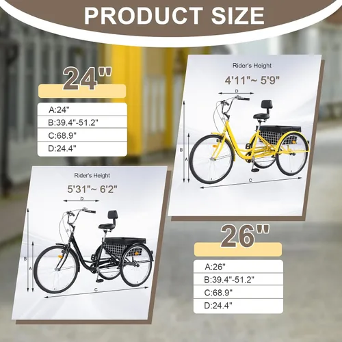 Miniatura 4 de Triciclo para adultos de 26 pulgadas, bicicletas de 7 velocidades y 3 ruedas, asiento grande con respaldo, triciclo para adultos con cestas