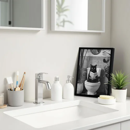 Miniatura 2 de SYWENNOI Arte de Pared en Lienzo Enmarcado en Blanco y Negro para Baño, Divertido Gato Negro Sentado en el Inodoro Leyendo Periódico Decoración
