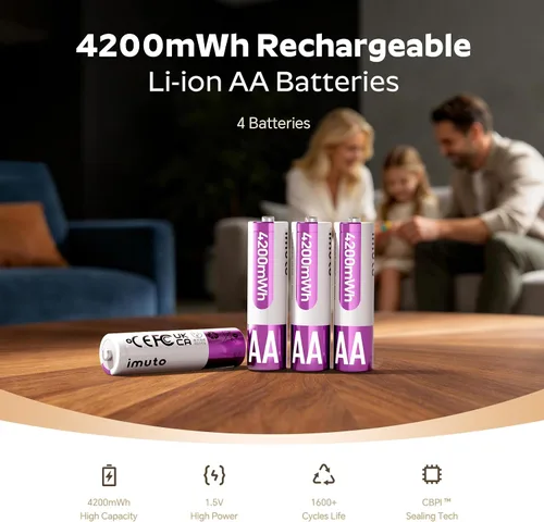 Miniatura 2 de imuto 4200mWh Rechargeable AA Lithium Batteries 4-Pack, 1.5V High Power, 2000 Cycles, CBPI Sealing Tech, High-Capacity Li-ion Cells for Game