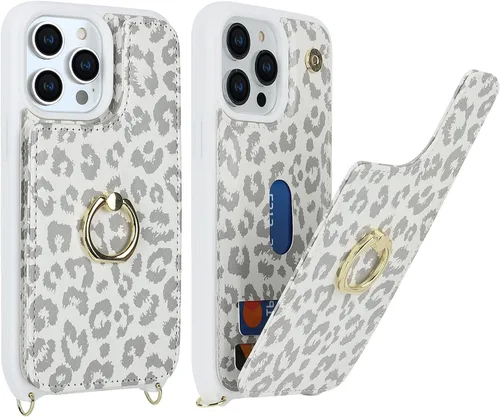 Miniatura 3 de Lipvina Funda para iPhone 13 Pro con tarjetero y correa para mujer, cordón cruzado, soporte de anillo con soporte, cierre a presión, bonitas fundas