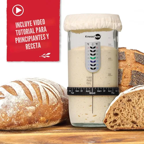 Miniatura 5 de KneadAce Tarro básico de masa madre con banda de alimentación marcada con fecha, termómetro, raspador de tarro de masa madre, cubierta de tela 1