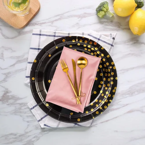 Miniatura 7 de Paquete de 50 platos de papel negros y dorados, 7 pulgadas, metálicos con lunares de papel de aluminio, desechables, platos de postre para fiestas