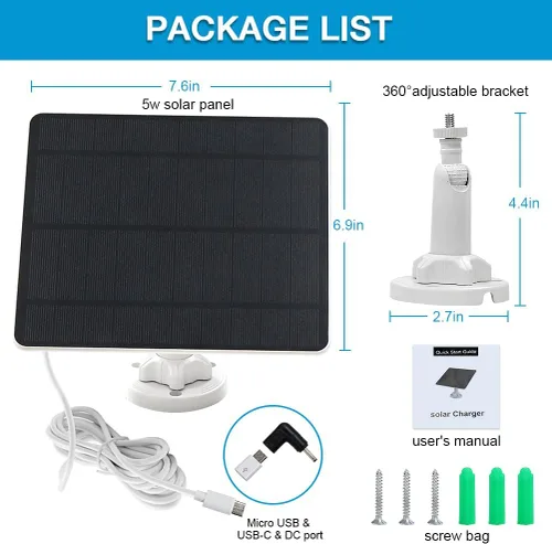 Miniatura 7 de Panel Solar para Cámara de Seguridad, Panel Solar USB de 5W para Cámaras DC 5V, Cargador de Panel Solar para Cámara Micro USB y USB-C y DC, Cargador