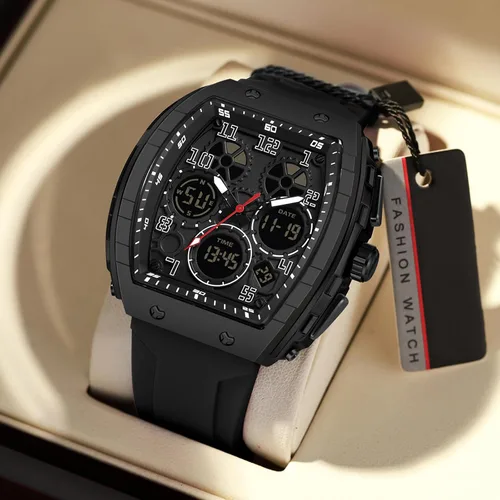 Miniatura 4 de Relojes para hombre, únicos rectángulos, reloj de pulsera blanco con pantalla digital analógica de doble hora, cronómetro de cuenta regresiva, Negro