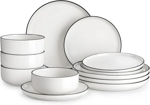 Miniatura 13 de MALACASA Juego de platos y cuencos, juego de vajilla de porcelana moderna de 24 piezas para 6 personas, vajilla de cerámica blanca para cocina