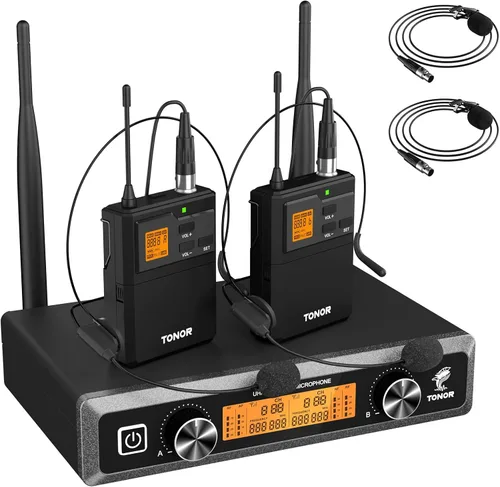Miniatura 11 de TONOR Sistema de micrófono inalámbrico UHF con micrófono de auriculares/micrófono de solapa Lavalier, transmisor Bodypack, receptor recargable, 15