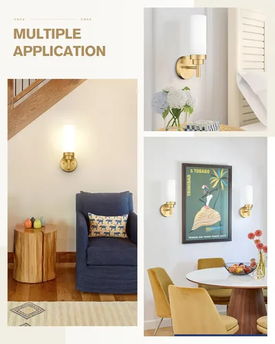 Miniatura 5 de Emak Apliques de Pared Juego de 2, Aplique de Pared Moderno de Baño Dorado Cepillado con Pantalla de Vidrio Esmerilado para Baño, Dormitorio, Sala