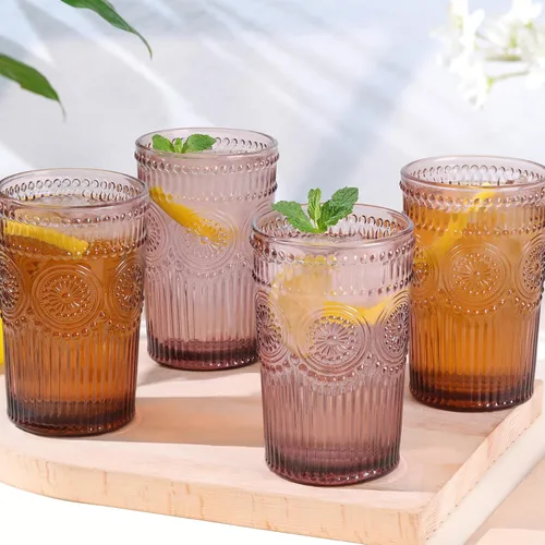 Darlion Juego de vasos de vidrio vintage de 4 vasos de 13 oz de alta copa púrpura, vasos de agua con relieve, vasos de vidrio para jugo, cerveza,