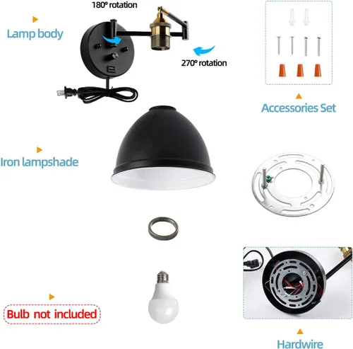 Miniatura 7 de Apliques de pared con brazo oscilante, lámpara de pared enchufable, lámpara de pared para dormitorio, pantalla de tela blanca, con interruptor